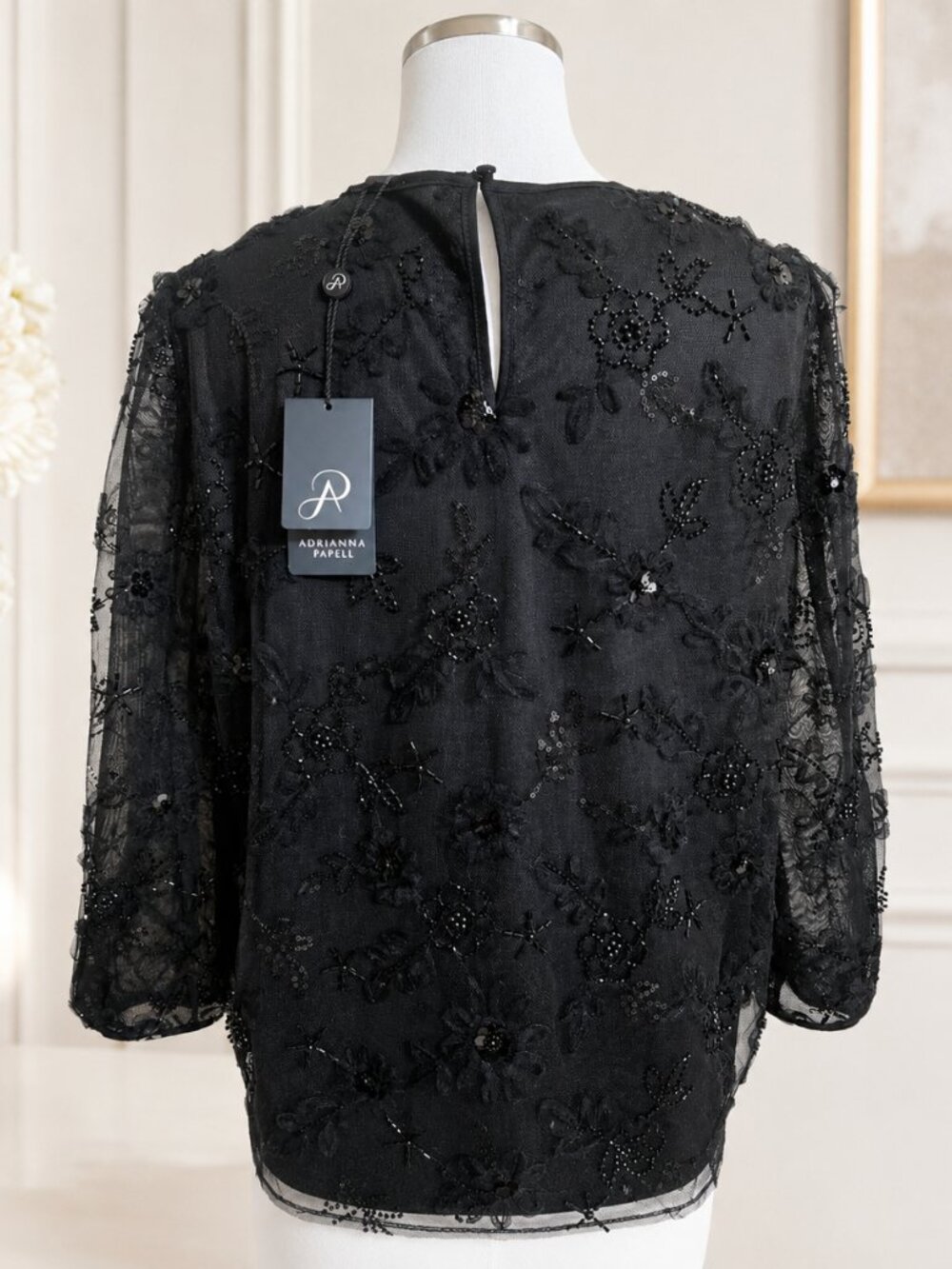 Adrianna Papell Black Beaded Mesh Blouse – Size M NWT - Picture 4 of 5